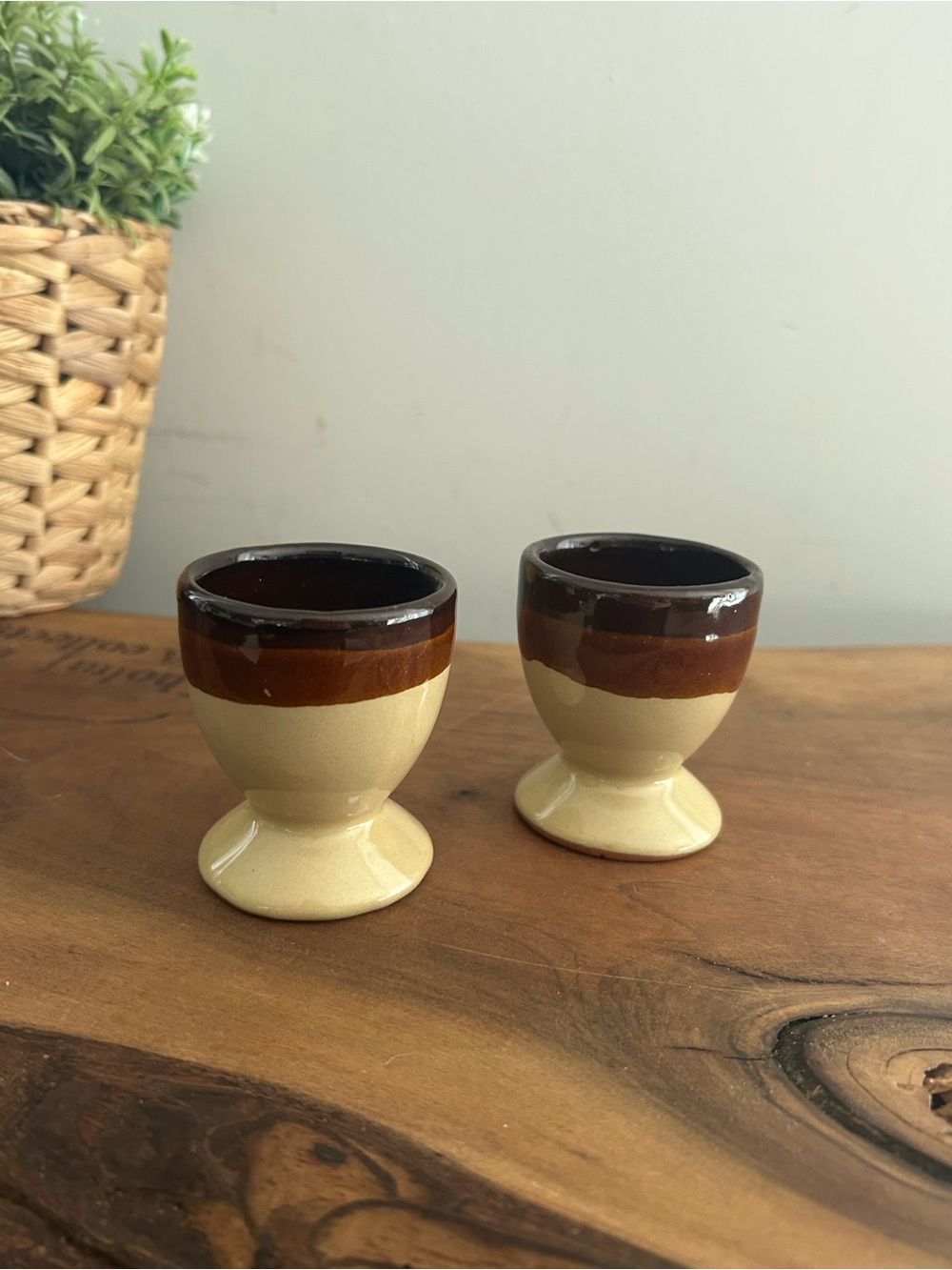 Stoneware Egg Cups Holders two tone Brown & Beige Glaze - Set of 2 vintage Rare